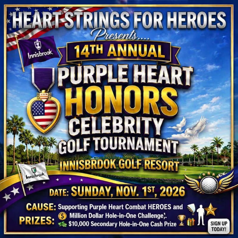 A vibrant poster for the 14th Annual Purple Heart Honors Celebrity Golf Tournament at Innisbrook Golf Resort features a Purple Heart medal and American flags in the foreground against a backdrop of palm trees and a golf course.