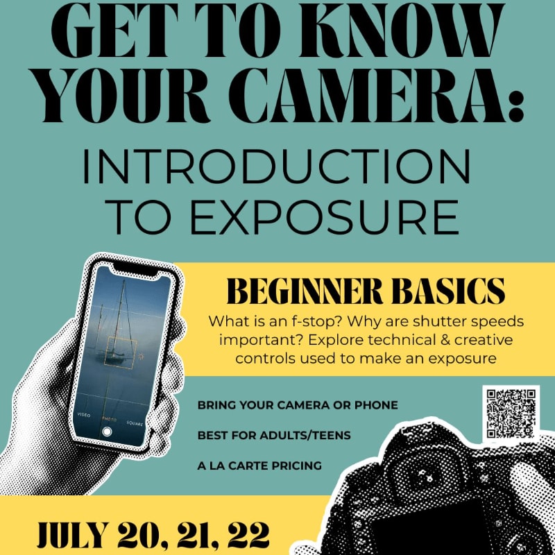 A hand holds a smartphone displaying a sailboat in the foreground, while a DSLR camera and a QR code are visible in the background, all set against a teal and yellow backdrop with text about a photography workshop.