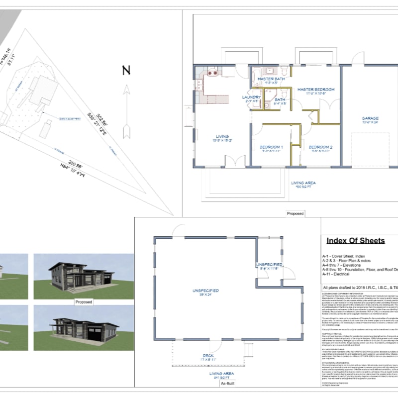 Architectural plans and renderings of a modern house are displayed, with a site plan in the upper left and a floor plan and index of sheets in the upper right and lower right, respectively, while three exterior renderings of the house are in the lower left.