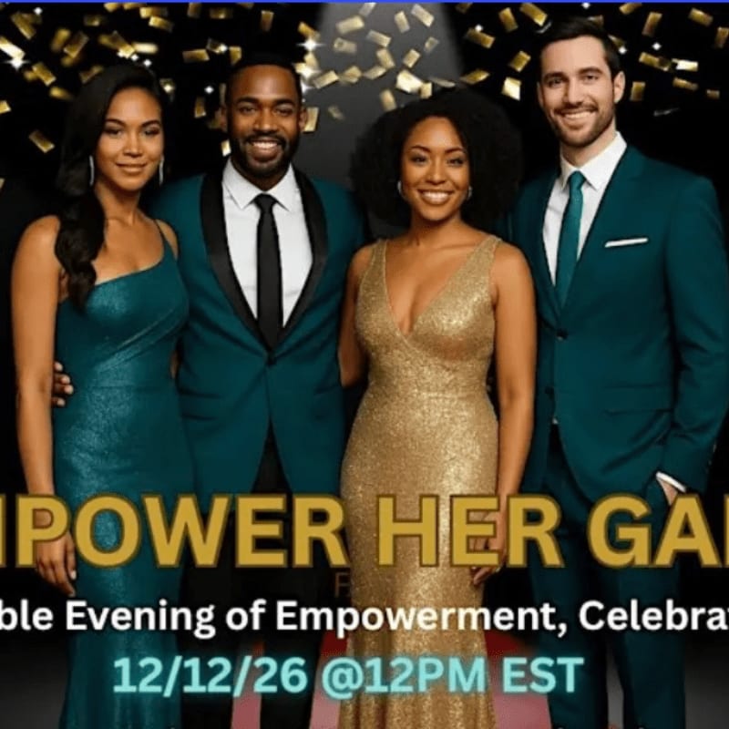 Four elegantly dressed individuals stand in the foreground against a backdrop of sparkling lights and text that reads "EMPOWER HER GALA."