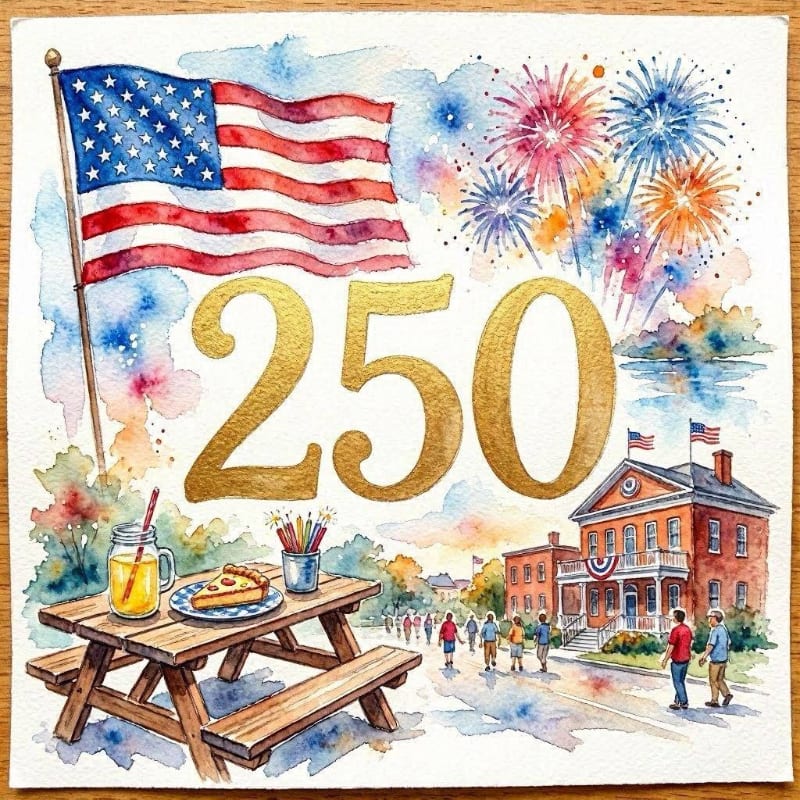 A picnic table with food and drink in the foreground is set against a background of fireworks, a building with flags, and a parade of people celebrating the number 250.