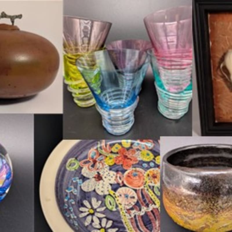 A collage of decorative objects, including a brown vase, colorful glassware, a framed artwork, a glass orb, a painted plate, and a ceramic pot, are displayed against plain backgrounds.