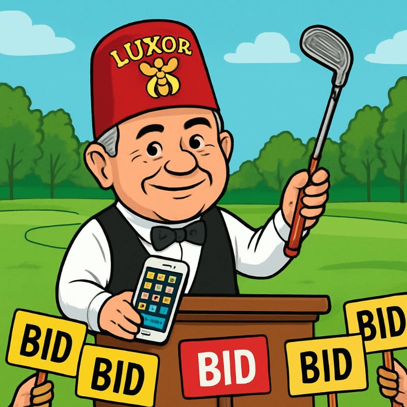 A man in a fez and vest stands behind a podium with a golf club and smartphone, surrounded by "BID" signs, on a golf course with trees and a blue sky.