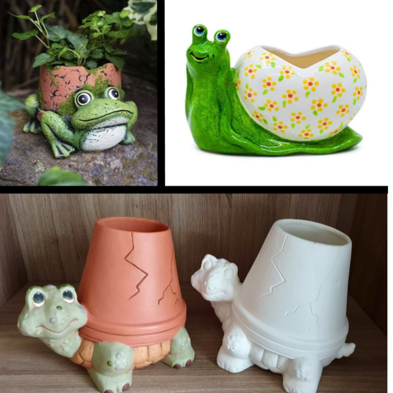 A frog planter sits on a rock in the foreground of the top left image, while a green snail planter with a heart-shaped shell is in the foreground of the top right image, and two turtle planters, one terra cotta and one white, are in the foreground of the bottom image, all against blurred backgrounds.