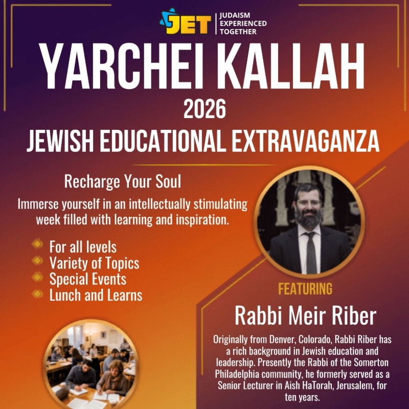 A vibrant orange and yellow background frames text announcing the "Yarchei Kallah 2026 Jewish Educational Extravaganza," featuring Rabbi Meir Riber, with smaller images of a classroom and a portrait of the Rabbi in the foreground.