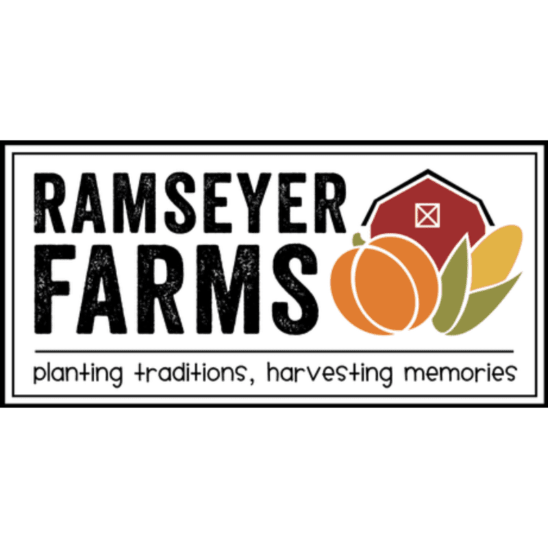 A logo for Ramseyer Farms features the farm name in bold black text, with a stylized barn, pumpkin, and corn stalks in the foreground, all set against a white background.
