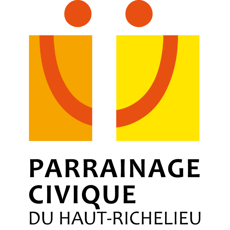 Two abstract figures with orange circles for heads stand against a white background, with the text "PARRAINAGE CIVIQUE DU HAUT-RICHELIEU" below them.
