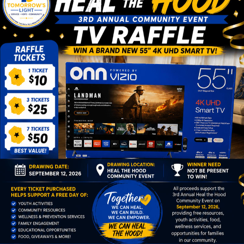 In the foreground, raffle tickets and pricing are displayed next to a 55" 4K UHD Smart TV, while the background features event details for the 3rd Annual Heal the Hood Community Event.