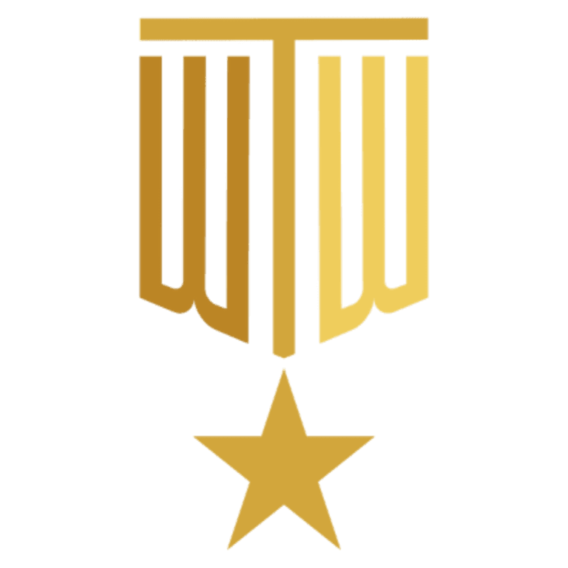 A golden medal with the letters "WTW" is suspended above a golden star, all set against a plain white background.