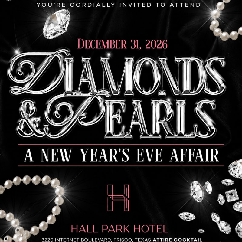 Sparkling diamonds and pearls adorn the foreground and background of this New Year's Eve invitation for a "Diamonds & Pearls" affair at Hall Park Hotel on December 31, 2026.