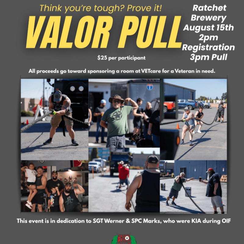 A collage of men participating in a "Valor Pull" event at Ratchet Brewery, with a background of a parking lot and buildings.