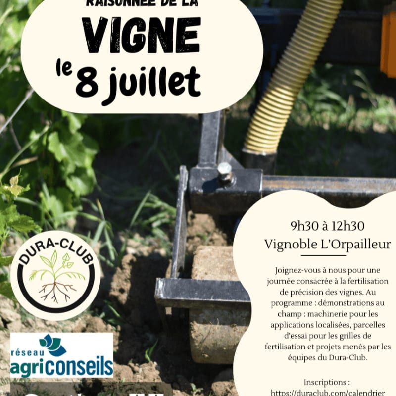 A close-up of agricultural machinery in a vineyard is shown with event details in the foreground.