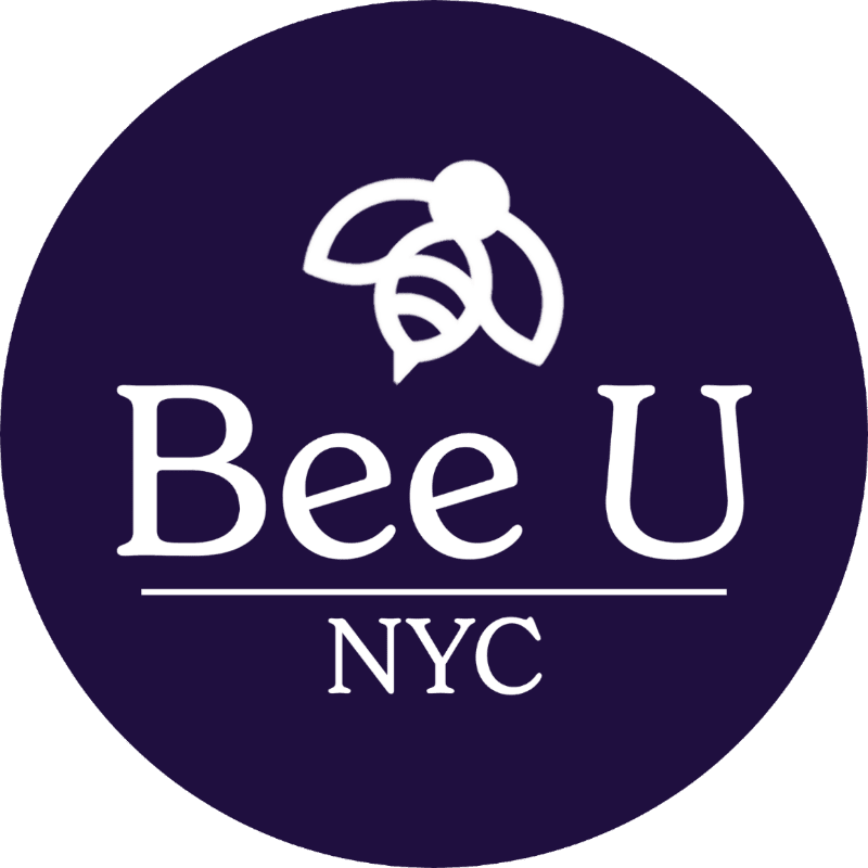 A white bee and flower logo with "Bee U NYC" text is centered on a dark purple circular background.