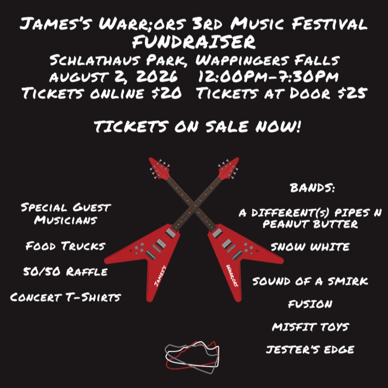 Red guitars are crossed in the center of a black background advertising a music festival fundraiser with event details and band names.