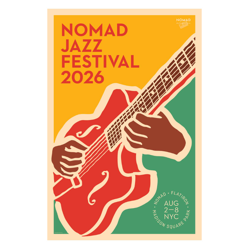 A stylized illustration of hands playing a red guitar against a yellow and green background advertises the Nomad Jazz Festival 2026.