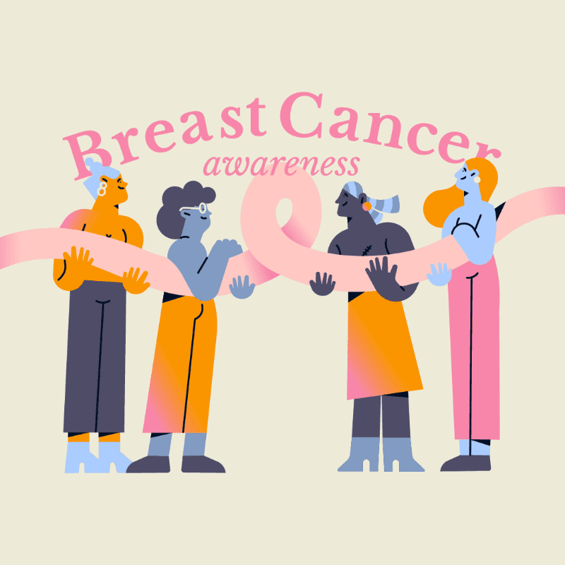Four diverse figures in the foreground hold a pink ribbon, with the words "Breast Cancer awareness" arching above them against a plain background.