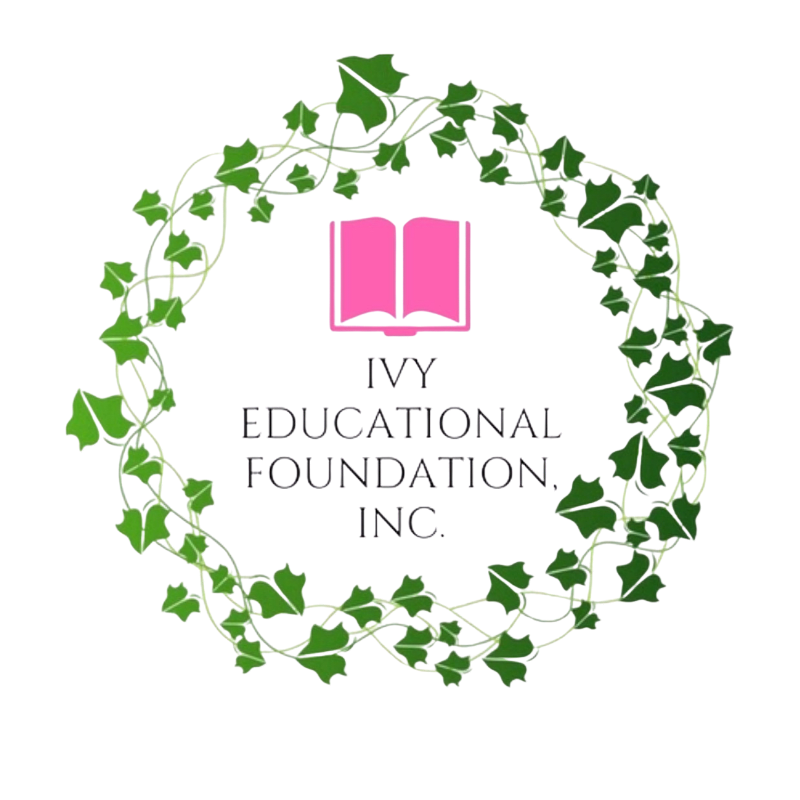 A pink open book rests above the text "IVY EDUCATIONAL FOUNDATION, INC." within a circular frame of green ivy leaves against a white background.