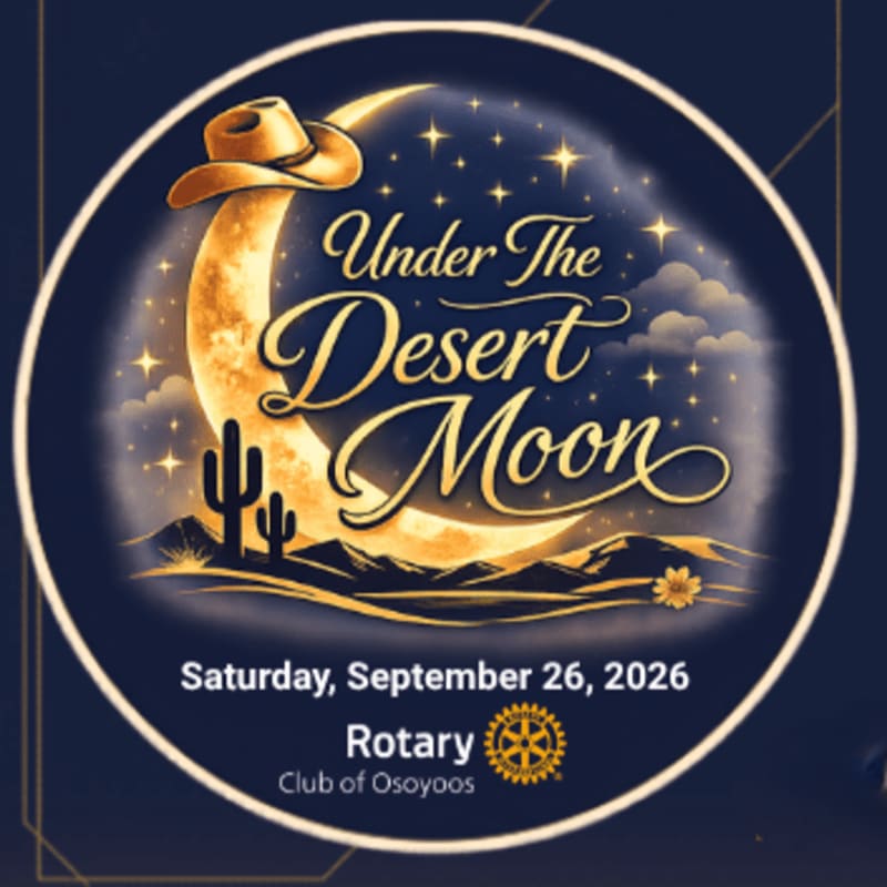 A cowboy hat rests on a crescent moon above a desert landscape with saguaro cacti in the foreground, set against a starry night sky with event details below.