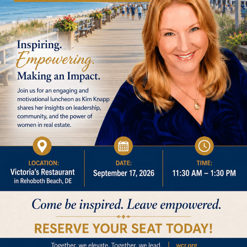 A smiling woman is featured in the foreground with event details below, set against a blurred background of a boardwalk lined with trees and railings.