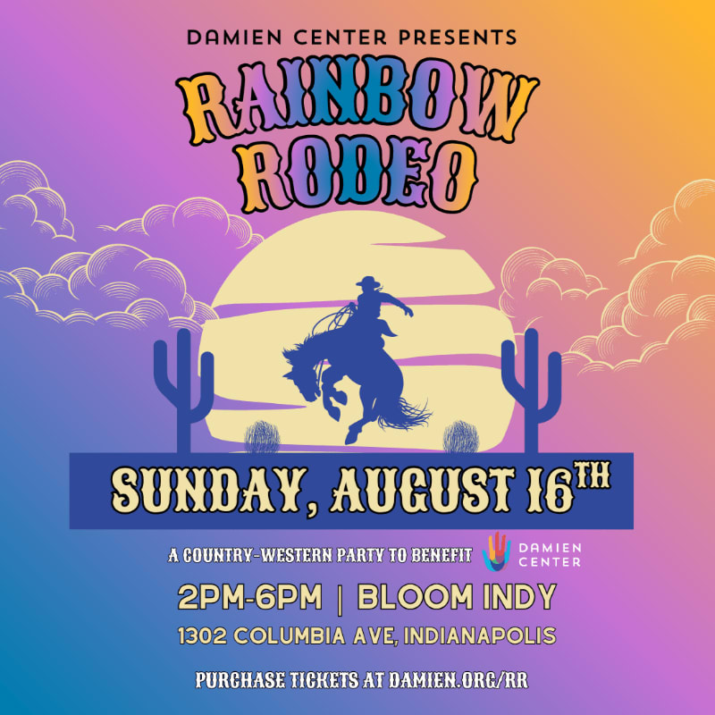 A vibrant "Rainbow Rodeo" poster features a silhouetted cowboy on a bucking bronco in the foreground against a sunset sky with fluffy clouds and cacti, announcing a country-western party on Sunday, August 16th.