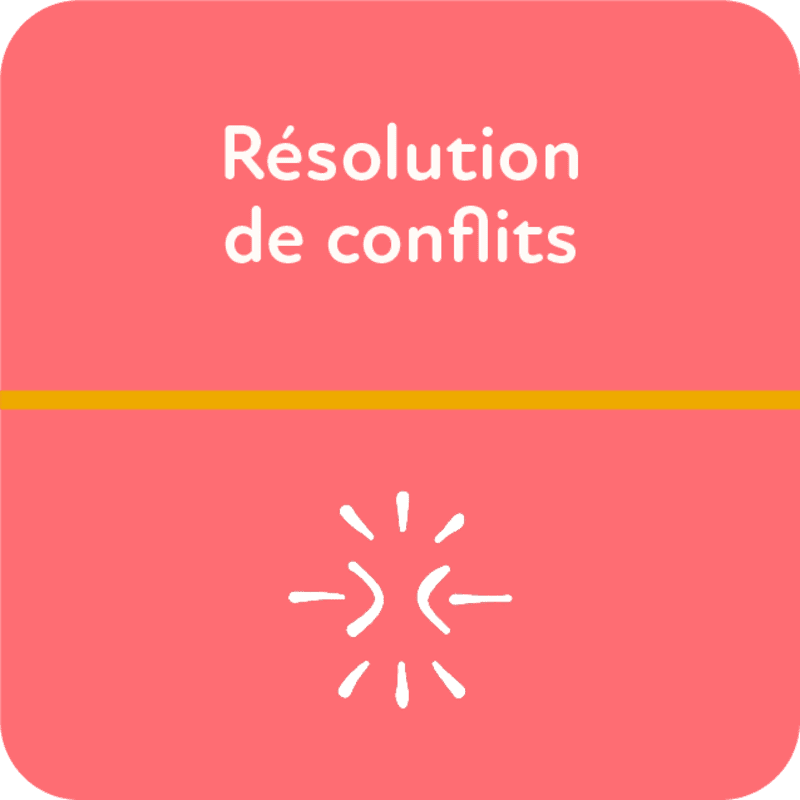 A pink square divided by a yellow line features the French words "Résolution de conflits" in white text at the top, and a white icon of two opposing arrows with radiating lines at the bottom.