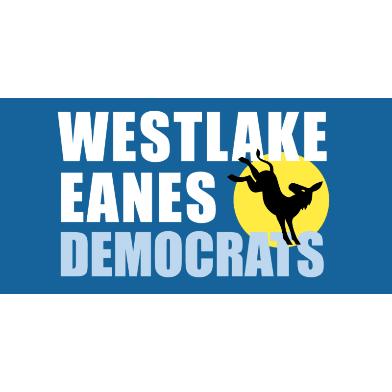 A silhouette of a donkey leaps in front of a yellow circle against a blue background, with the words "WESTLAKE EANES DEMOCRATS" in white and light blue text.