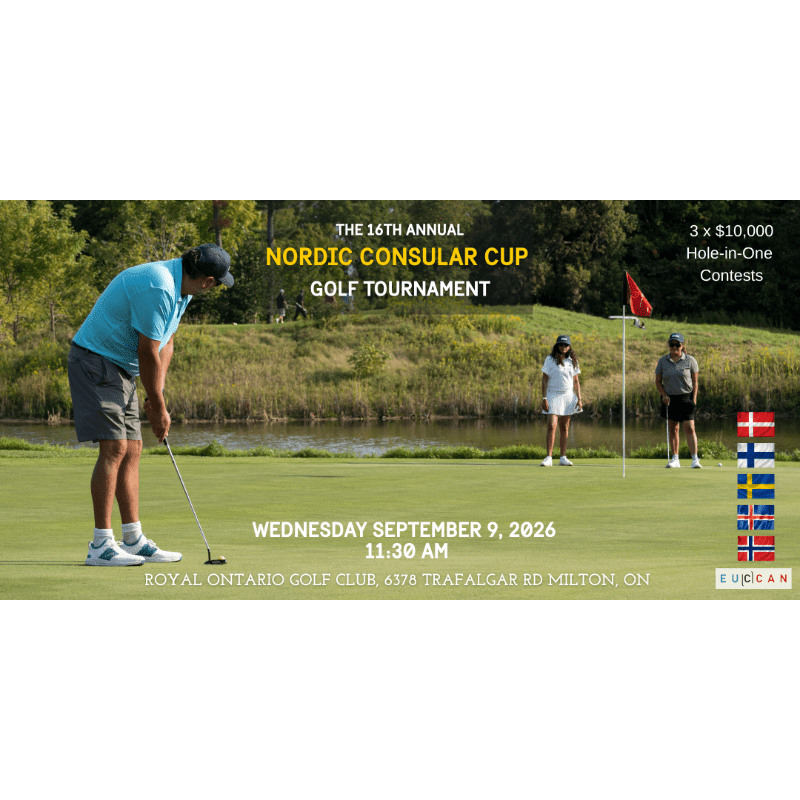 A golfer putts on a green in the foreground, with other golfers and a pond in the background, under a banner advertising the Nordic Consular Cup golf tournament.