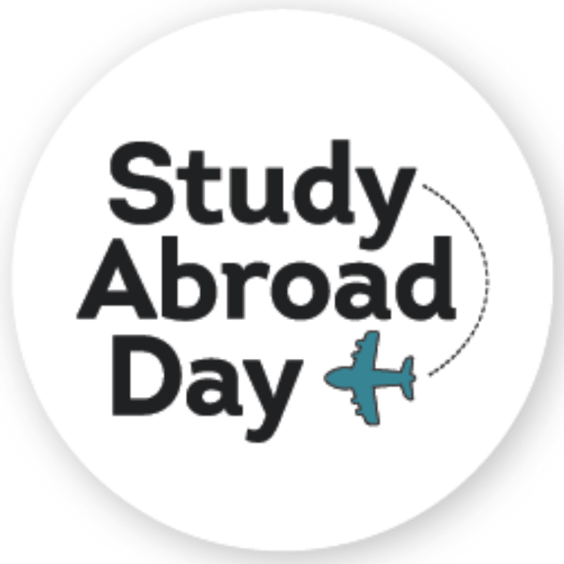 A teal airplane with a dotted trail flies past the words "Study Abroad Day" on a white circular background.