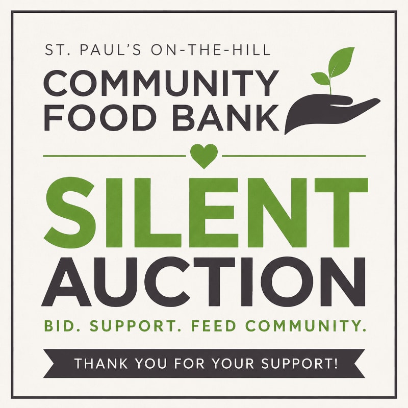 A graphic advertises a silent auction for St. Paul's on-the-Hill Community Food Bank, with a hand holding a sprouting plant in the background.