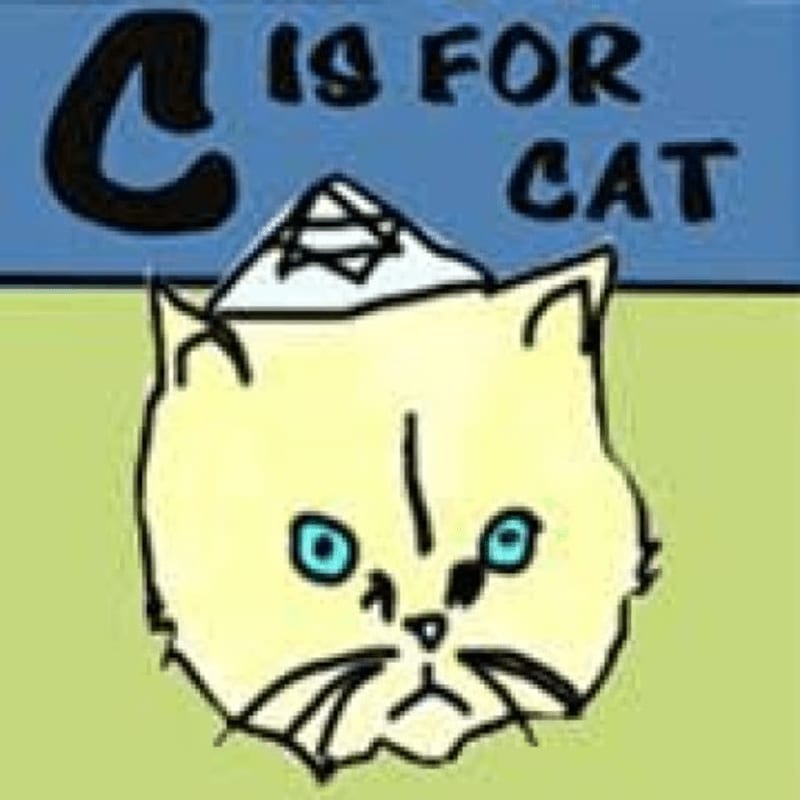 A cartoon cat with blue eyes and a small hat sits in front of a blue background with the words "C IS FOR CAT" written in black.