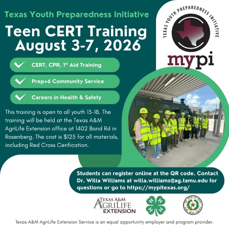 A group of teenagers in safety vests stand in front of a building, while the foreground displays information about a Teen CERT Training event.
