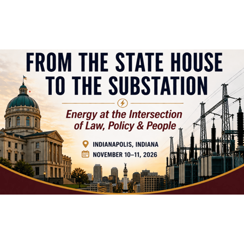 A domed statehouse and a power substation are juxtaposed against a cityscape and text announcing an energy conference in Indianapolis.
