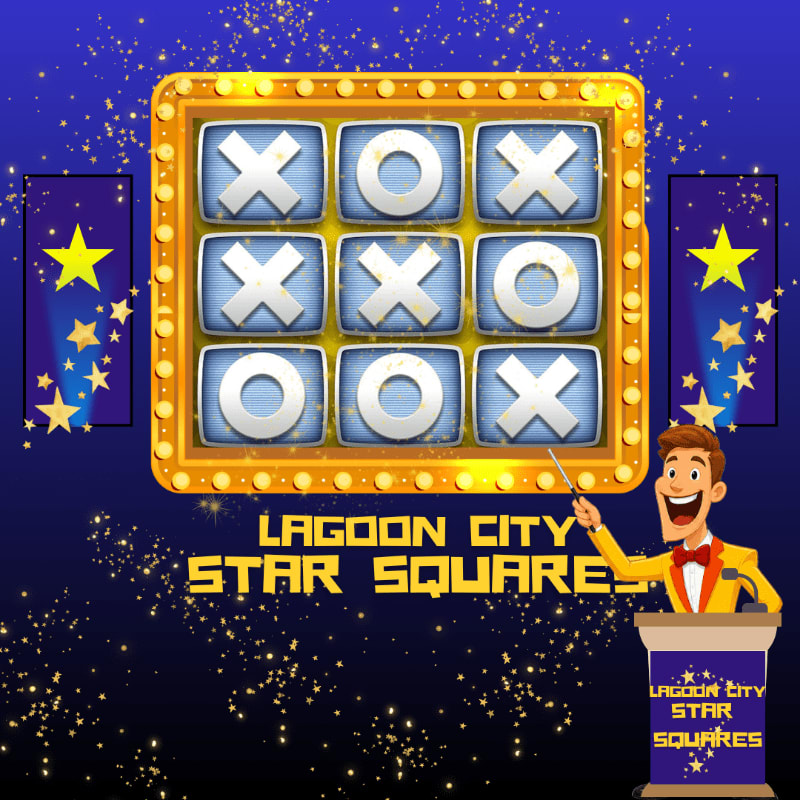 A game show host stands at a podium in front of a large tic-tac-toe board with a starry blue background.
