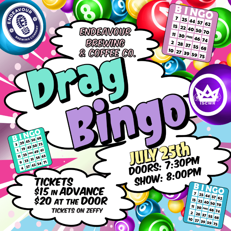 Colorful bingo balls and cards fill the background behind the bold "Drag Bingo" text and event details.