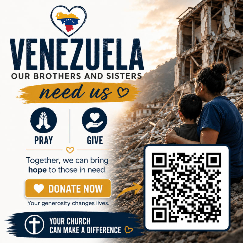 A mother and child embrace while looking at a destroyed building in the background, with a plea for donations to Venezuela in the foreground.