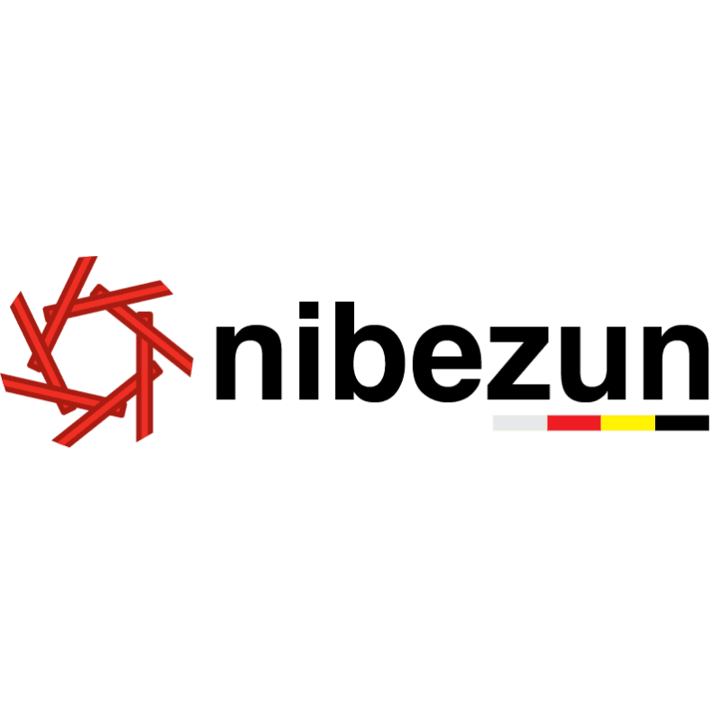 A red abstract star-like logo is to the left of the black text "nibeun" with a small German flag below it, all on a white background.