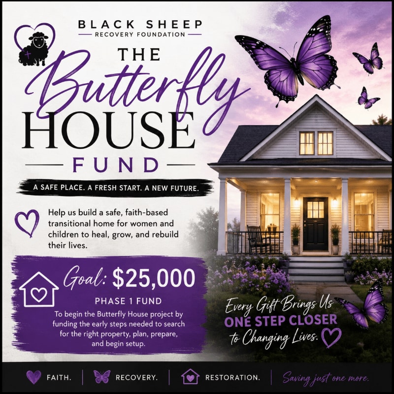 A white house with purple butterflies flying around it is shown in the background, while the foreground displays text about the Butterfly House Fund and its goal.