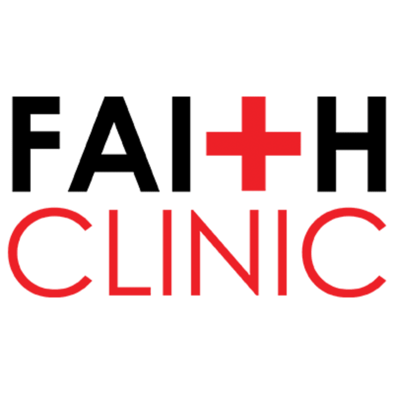 Black and red text spells out "FAITH CLINIC" with a red cross replacing the "I" in "FAITH" against a white background.