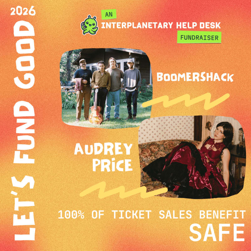 A vibrant orange and yellow background frames two inset photos, one of a band named Boomershack and another of Audrey Price, with text announcing a fundraiser for SAFE.