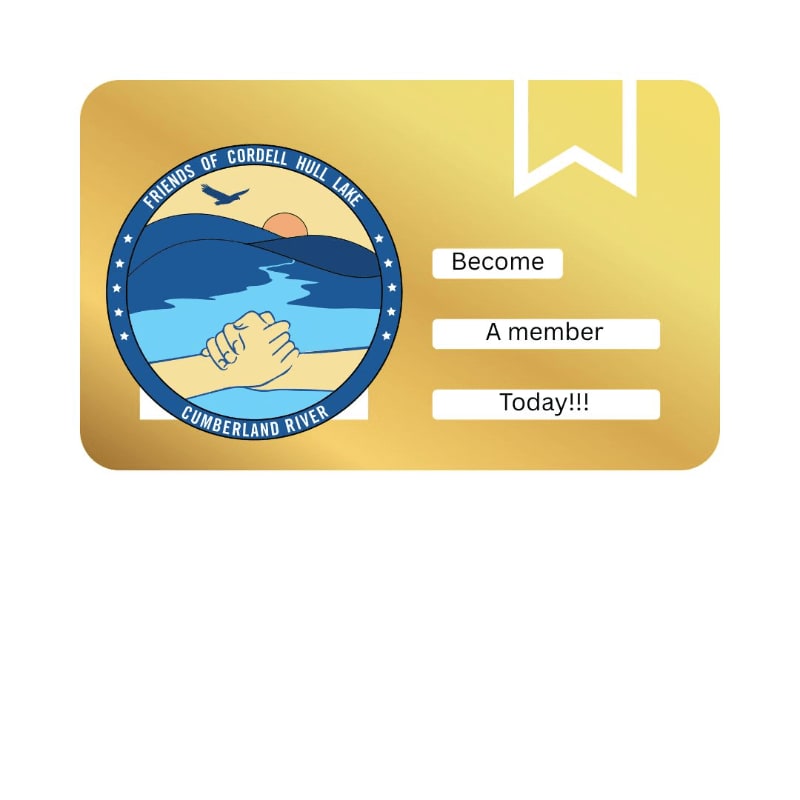 A golden membership card with a circular logo featuring clasped hands and a river scene in the foreground, set against a plain white background.