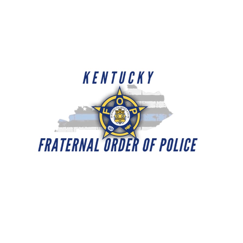 A Kentucky Fraternal Order of Police logo is superimposed over a faint outline of Kentucky with a blue line.
