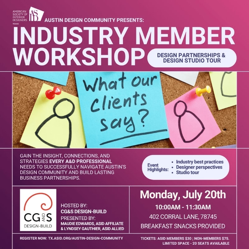 A pink flyer advertises an "Industry Member Workshop" for the Austin Design Community, featuring a corkboard with sticky notes in the foreground and event details in the background.