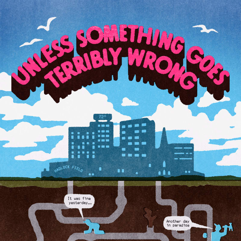 A stylized cityscape with clouds and birds in the background sits above underground pipes, one labeled "It was fine yesterday..." and another "Another day in paradise."