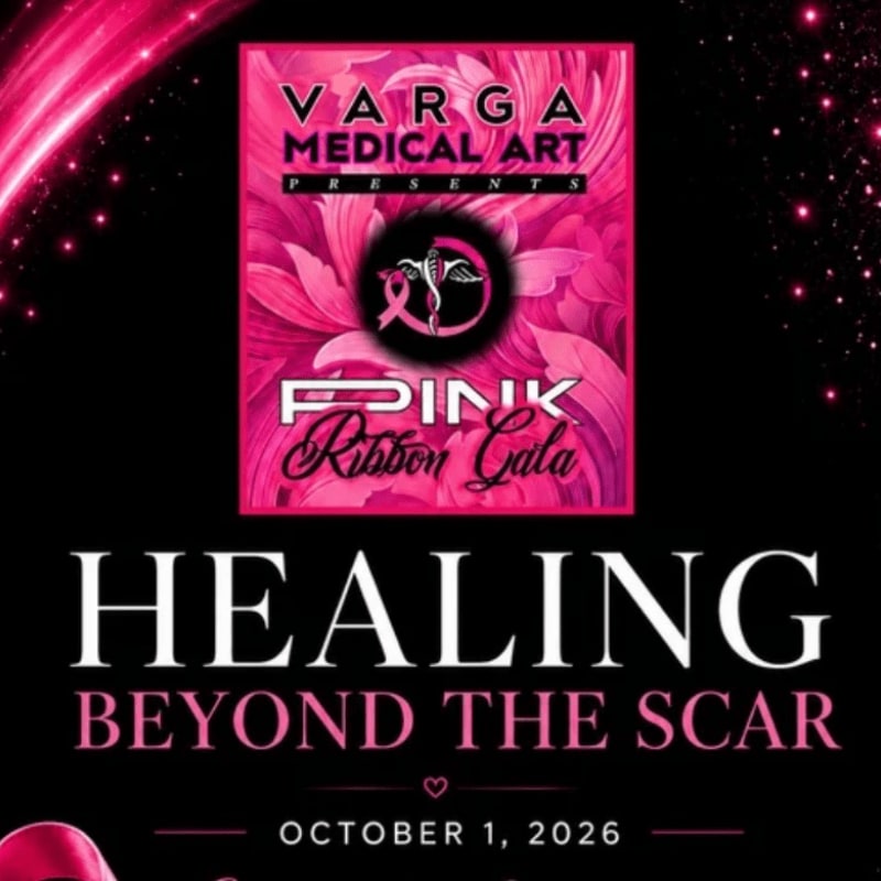 A pink ribbon gala poster with the title "HEALING BEYOND THE SCAR" is set against a black background with sparkling pink accents.