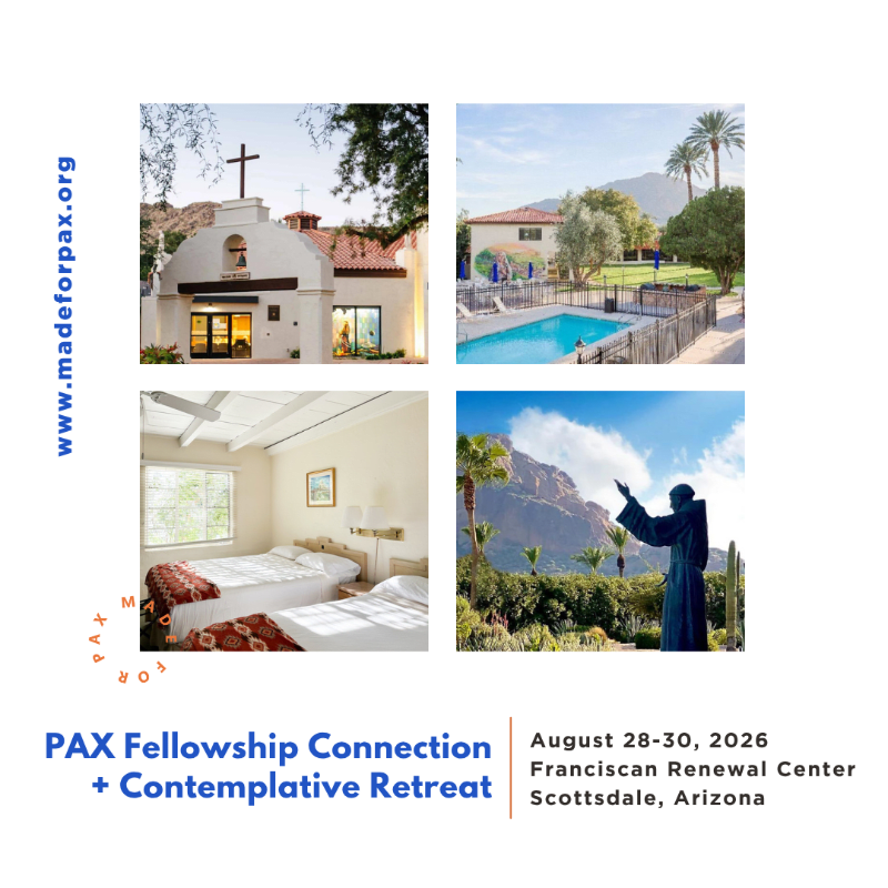 Four images showcase a mission-style building with a cross, a swimming pool area, a bedroom with two beds, and a statue of a robed figure with mountains in the background, all set against a white background with event details at the bottom.