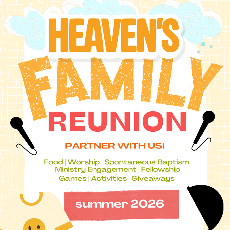 A yellow t-shirt with a smiley face is in the foreground, while the background features bold text announcing "HEAVEN'S FAMILY REUNION" with microphones on either side.