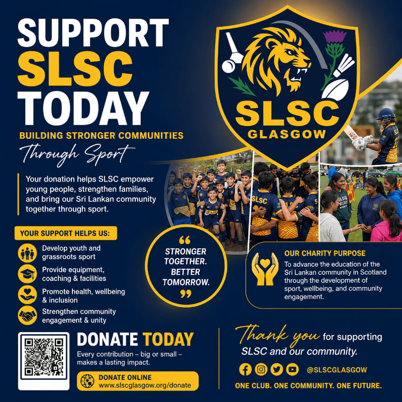 A dark blue poster with yellow text and graphics promotes SLSC Glasgow's community building through sport, featuring images of young athletes in the background.