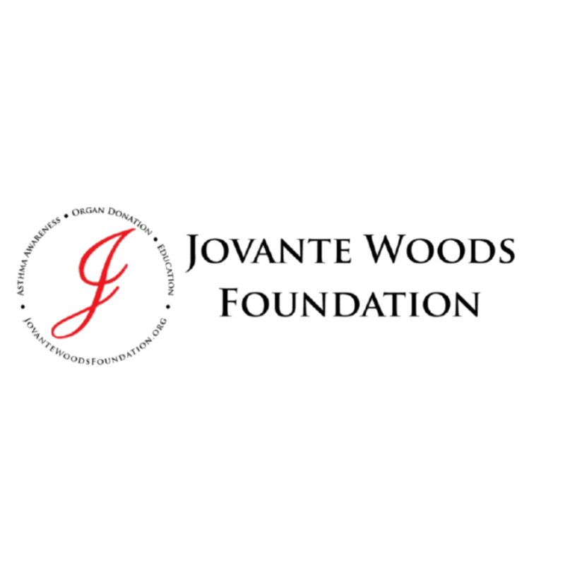 A red stylized "J" within a circle containing text about organ donation and education is on the left, with the Jovante Woods Foundation logo in black text on the right, all against a white background.
