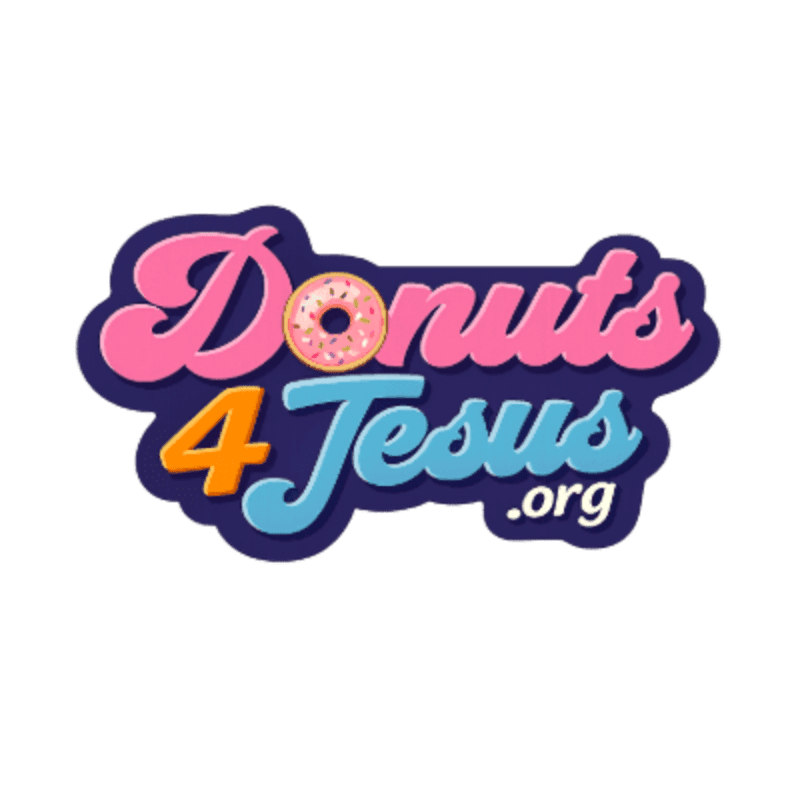 Pink and blue text reading "Donuts 4 Jesus .org" with a donut in place of the "o" in "Donuts" is set against a white background.