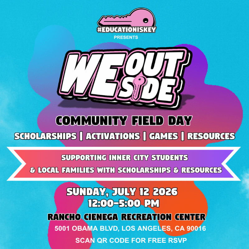 A vibrant flyer announces a "We Out Side Community Field Day" with event details in the foreground against a colorful, abstract background.